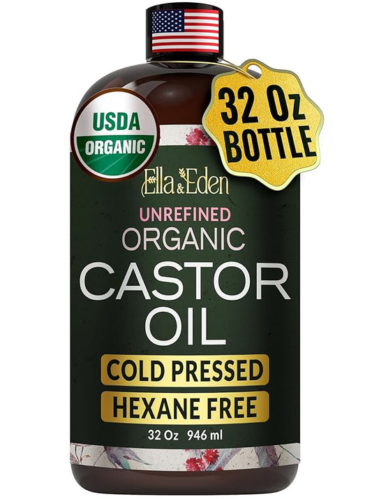 Ella & Eden Organic Castor Oil – Cold-Pressed, Hexane-Free, USDA Certified, Unrefined & 100% Pure | For Hair Growth, Skin and Face – 32 fl oz