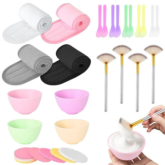 37 PCS Fluffy Fan Brushes for Facials Esthetician Supplies for Facials Set 4 Fluffy Brushes 10 Face Mask Applicator 4 Silicone Facial Bowls 4 Spa Headbands 15 Compressed Facial Sponges