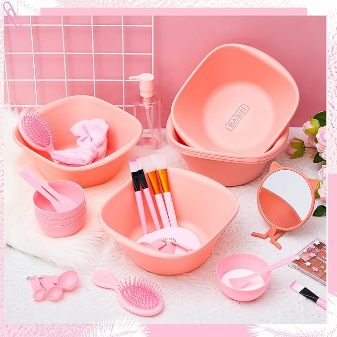 100 Pcs Spa Party Supplies for Women Pink Facial Mask Bowl Set with Facial Mask Bowls Spatula Brush Puff Measuring Scoop Basin Mirror Air Cushion Comb Headband Spa Birthday Party Favor
