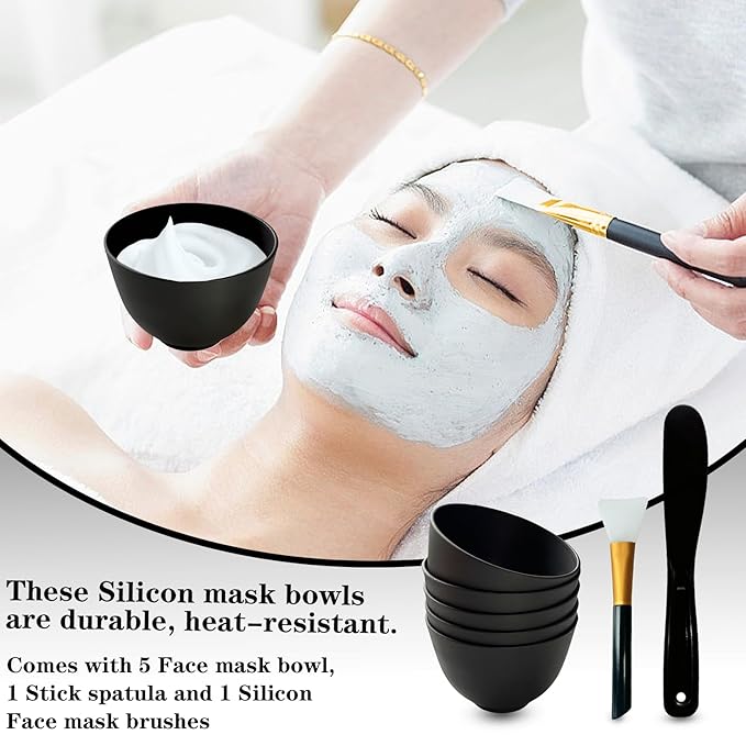 7Pcs Silicone Mixing Bowls, Silicone Bowls for Facials, DIY Face Mask Mixing Bowl for Home Salon Spa Face Skin Applicator Bowl, Black