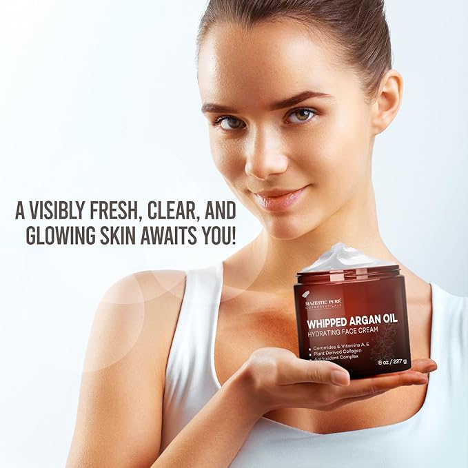 Majestic Pure Whipped Argan Oil Moisturizer Face Cream for Women & Men - With Vitamin E A, Collagen & Ceramides - Hydrates Dry Skin, Oily Skin, Reduces Appearance of Fine Lines – 8oz