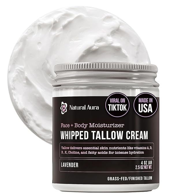 Whipped Beef Tallow for Skin - Face + Body Moisturizer, 100% Grass Fed Grass Finished Tallow and Honey Balm for Dry Skin - Natural Lotion - Free of Harsh Chemicals - 4oz, (Lavender)