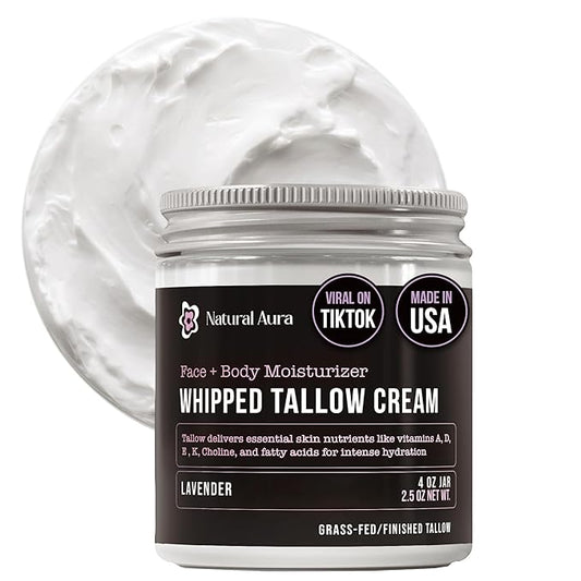 Whipped Beef Tallow for Skin - Face + Body Moisturizer, 100% Grass Fed Grass Finished Tallow and Honey Balm for Dry Skin - Natural Lotion - Free of Harsh Chemicals - 4oz, (Lavender)
