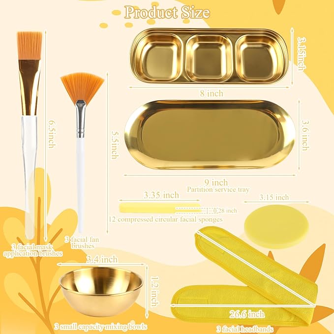 26 Pcs Esthetician Supplies 3 Gold Mixing Bowls Gold Small Serving Tray 3 Compartment Serving Tray 3 Facial Fan Brushes 3 Face Mask Applicator Brush 12 Facial Sponge Compressed Round 3 Hair Band