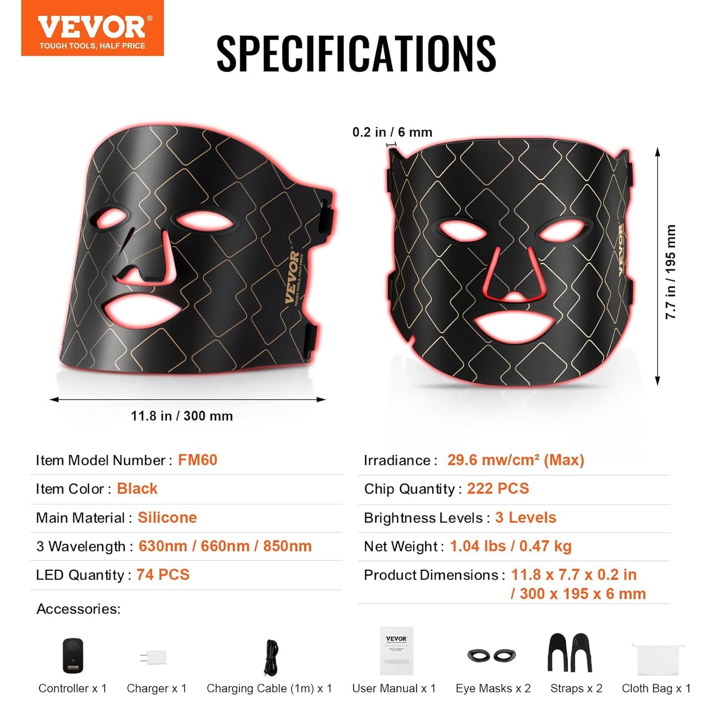 VEVOR Red Light Face Mask, LED Face Mask with 3 Wavelengths and 3 Intensity Levels, Soft Silicone Facial Skin Care Device for Skin Health, Anti Aging Wrinkles, Portable for Travel and Home Use