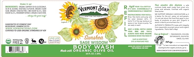 VERMONT SOAP , Natural body wash with Shea Butter, Mild Gel for Moisturizing and Soothing Skin, Fragrance Free for Women & Men (Sage Lime Wisdom, 64oz)
