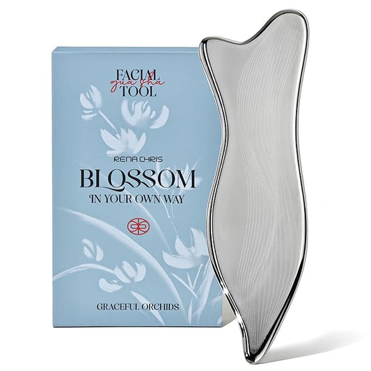 Rena Chris Stainless Steel Gua Sha Facial Tools - Acupressure & Gua Sha for Face Massage, Jawline Sculpting, Puffiness Reduction. Includes Carry Pouch and Cleaning Cloth - Skin Care Gift, Silver