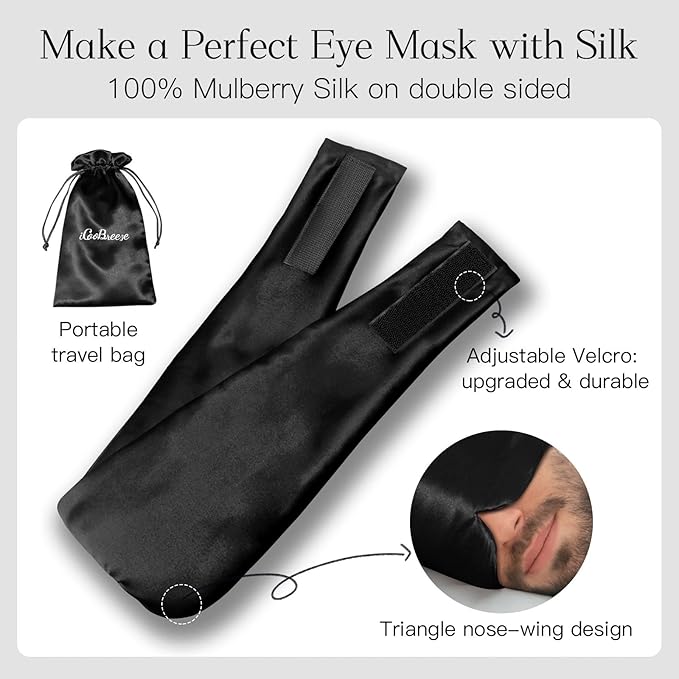100% Natural Silk Eye Mask for Women Men, Soft Pressureless Cooling Blackout Eye Covers for Sleeping, Large Size Sleep Mask fits All Heads Adjustable, 1PC, Black