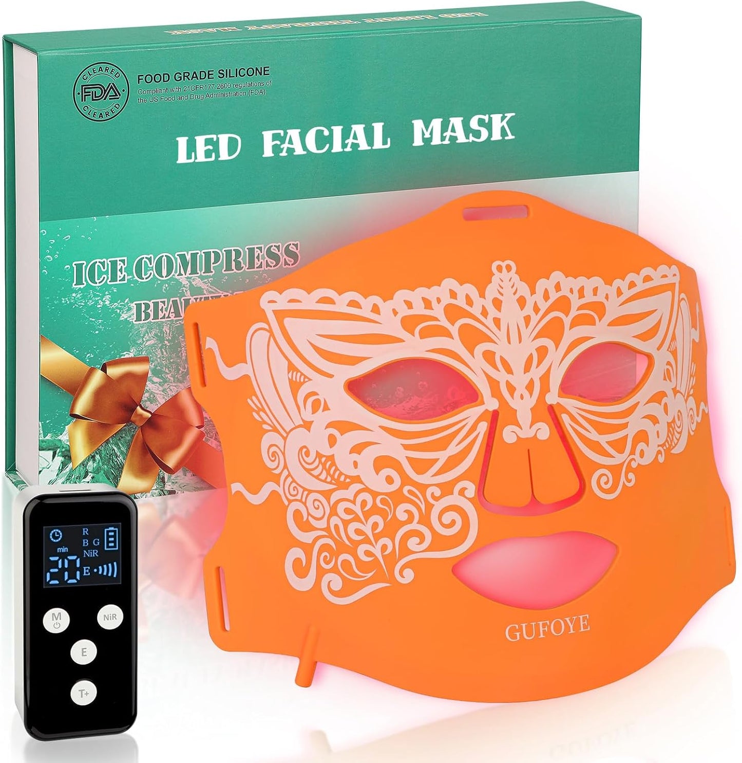 Red Light Therapy for Face with Ice Compress, 850nm Infrared Red Light Therapy, 8 Light Modes Led Face Mask Light Therapy, 4 in 1 lamp beads, 3000mAh, Facial light therapy devices for Home, Orange