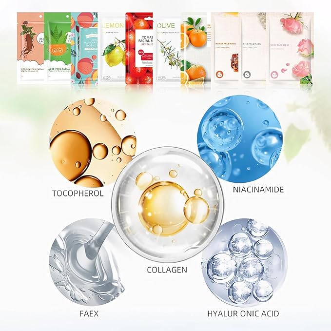 10 Packs Face Masks Skincare, Hydrating Face Masks for Sensitive Skin, Sheet Masks with Natural Ingredients, Moisturising Sheet Mask for All Skin Types, Natural Skin Care Spa Face Mask for Women