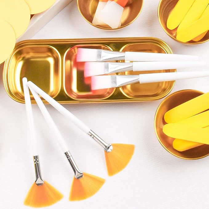 26Pcs Esthetician Supplies for Facials Set - 3 Stainless Steel Gold Mixing Bowls Gold Small Serving Tray 3 Compartment Serving Tray 3 Facial Fan Brushes 6 Face Mask Applicator Brush 12 Face Sponges