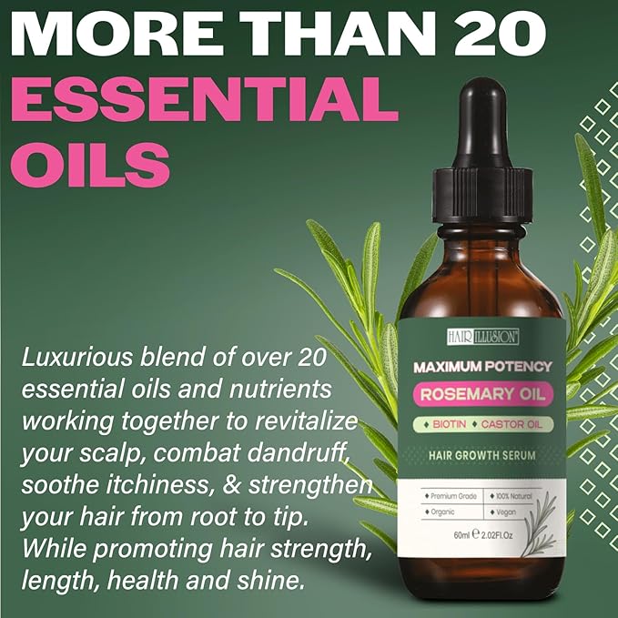 100% NATURAL ORGANIC ROSEMARY MINT OIL | Maximum Potency | Infused With Biotin & Castor Oil | Hair Growth Treatment |Stimulate Growth for Eyelashes, Eyebrows | Damaged Hair | Split Ends |