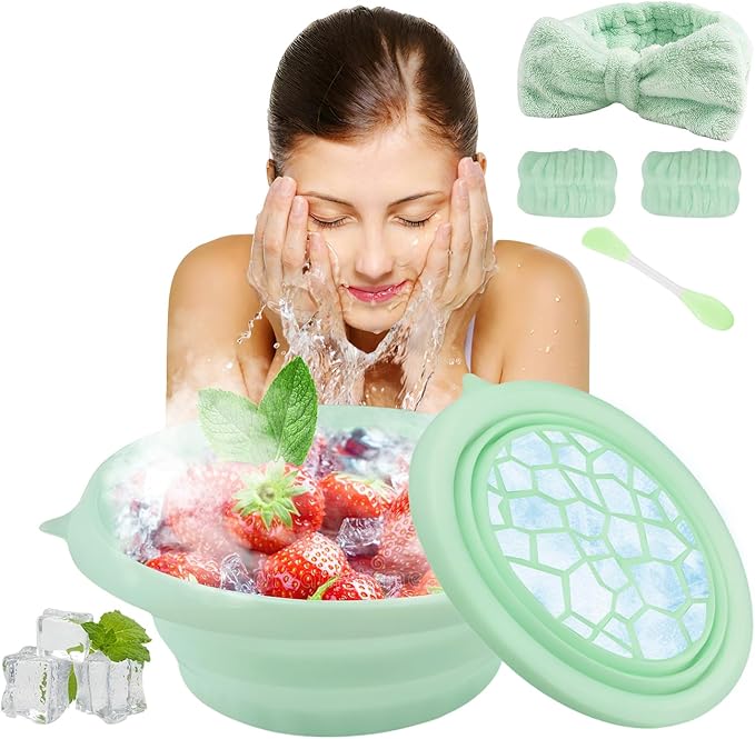 Face Bowl for Ice with Built-In Icetray, Facial Plunge Bowl with Face Wash Headband Wristband Set and Face Mask Brush Applicator, Silicone Ice Facial Foldable Washbasin,Ice Bath for Face (Green)