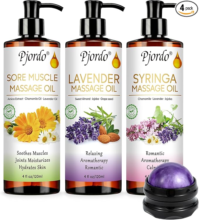 Body Massage Oil for Massage Therapy Kit, Lilac, Lavender, Sore Muscle Arnica Oil with Massage Roller Ball, Relaxing Massage Oils for Pain Relief, Spa Gift Set for Him Her