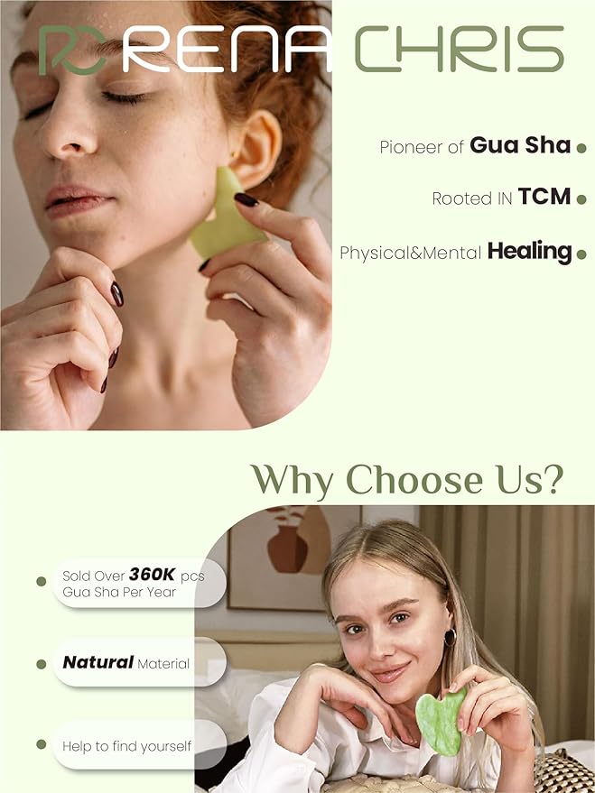 Rena Chris Gua Sha Facial Tools, Xiuyan Jade Stone Guasha Tool for Face Massage, Manual Facial Massager Tool for Jawline Sculpting and Puffiness Reduction with Silicone Case (Green)