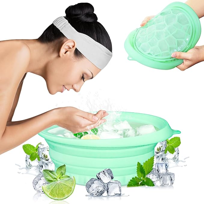 Foldable Ice Bowl with Built-In Ice Tray – Silicone Facial Ice Bath for Shrinking Pores, Boosting Circulation, Cold Plunge Skincare Gift for Men & Women (Green）