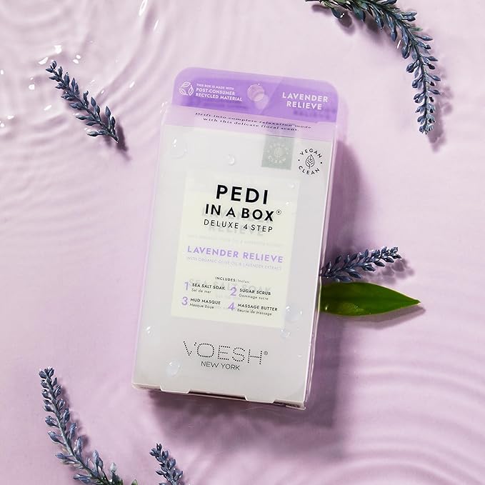 VOESH Pedi in a Box 4 Step Lavender - 3 Pack, Relaxing Spa Pedicure, At-Home Pedicure, DIY Pedi, Pedicure Supplies, Foot Care, Foot Spa, Vegan