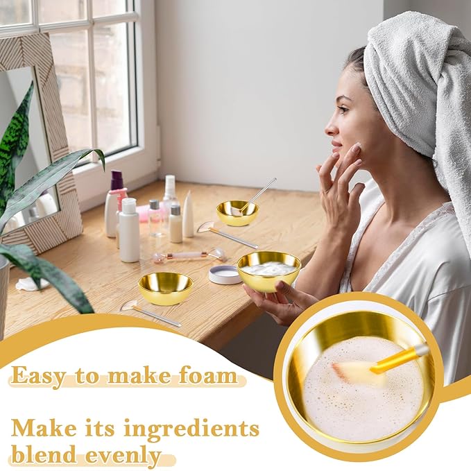 16 Pcs Gold Facial Bowl and Brush Set 8 Facial Fan Brushes Esthetician 8 Gold Facial Mixing Bowls Esthetician Stainless Steel Mixing Bowls Face Mask Brush for Mud Cream Makeup Spa Salon Women