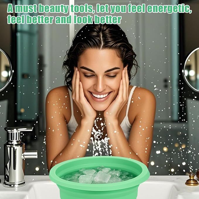 Silicone Face Bowl for Ice with Built-In Icetray, Collapsible Face Tub for Ice Bath, Facial Ice Plunge Bowl, Ice Water Facials at Home - Green