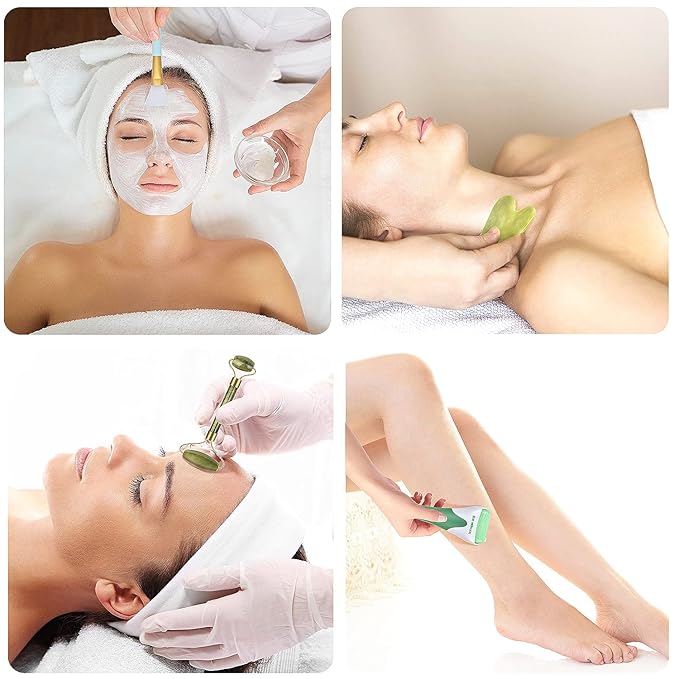 6 in 1 Ice Roller & Jade Roller and Gua Sha Set, Facial Massage Kits, Facial Roller Kit with Gua Sha Tool and Silicone Brush, Anti-Aging Jade Stone Massager for Face, Eyes, Neck Massage