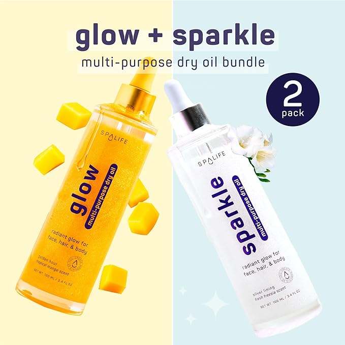 SpaLife Beauty Sparkle & Glow Body Oil Bundle – Dry Oil Duo with Subtle & Noticeable Shimmer – Mango & Freesia Scents –Hydrating, Lightweight Moisture