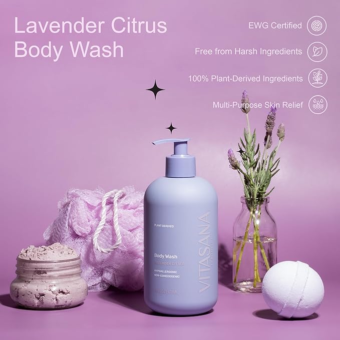 Vitasana Natural Body Wash for Sensitive Skin, 16oz – Lavender Citrus Scent, Plant-Based, EWG Verified, Hypoallergenic, Paraben-Free, Sulfate-Free, Cruelty-Free