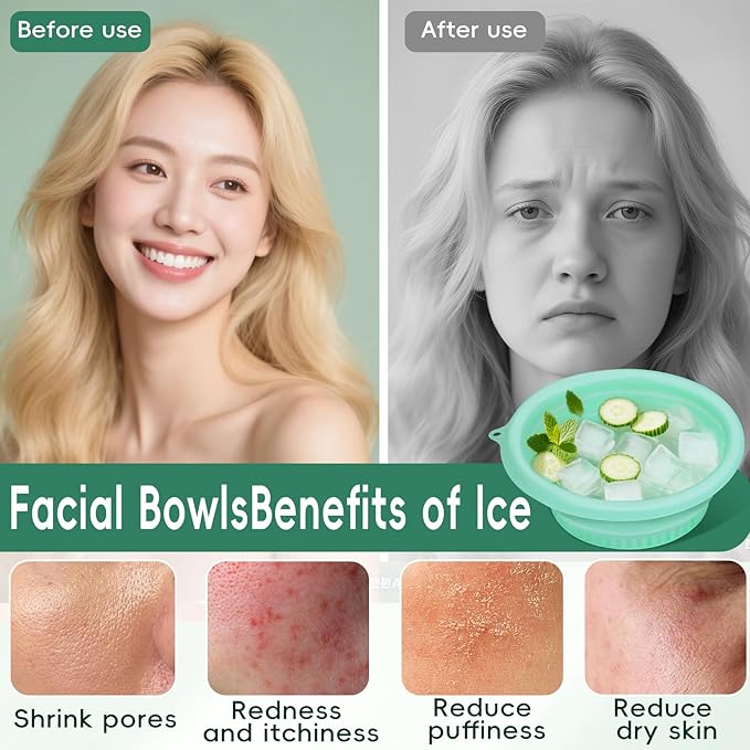 Silicone Face Bowl for Ice: Facial Ice Bath Built-In Icetray,Portable Collapsible Ice Facial Basin for Sunburn Recovery,Reduces Puffiness,Sensitive Skin,Skin Calming Tool,Gifts for Skincare Lovers