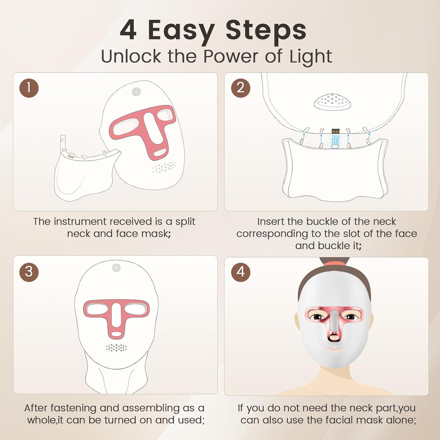 Red Light Therapy Mask for Face & Neck, LED Face Light Therapy,USB C Rechargeable,Infrared Mask for Home Working Travel Yoga (Blush)