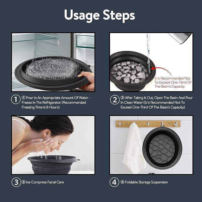 Silicone Face Bowl for Ice with Built-in Icetray,Ice Facial Folding Washbasin,Foldable Face Ice Bath Bowl,Skin Tightening, Acne Relief Facial Plunge Bowl for Home & Travel (Black)