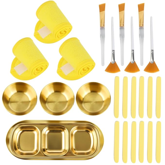 26 Pcs Esthetician Supplies 3 Gold Mixing Bowls Gold Small Serving Tray 3 Compartment Serving Tray 3 Facial Fan Brushes 3 Face Mask Applicator Brush 12 Facial Sponge Compressed Round 3 Hair Band