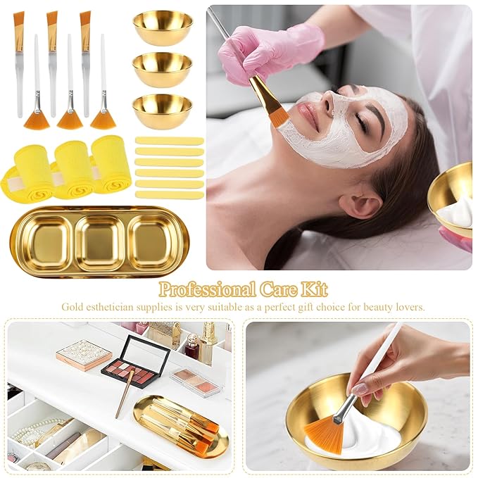 26 Pcs Esthetician Supplies 3 Gold Mixing Bowls Gold Small Serving Tray 3 Compartment Serving Tray 3 Facial Fan Brushes 3 Face Mask Applicator Brush 12 Facial Sponge Compressed Round 3 Hair Band