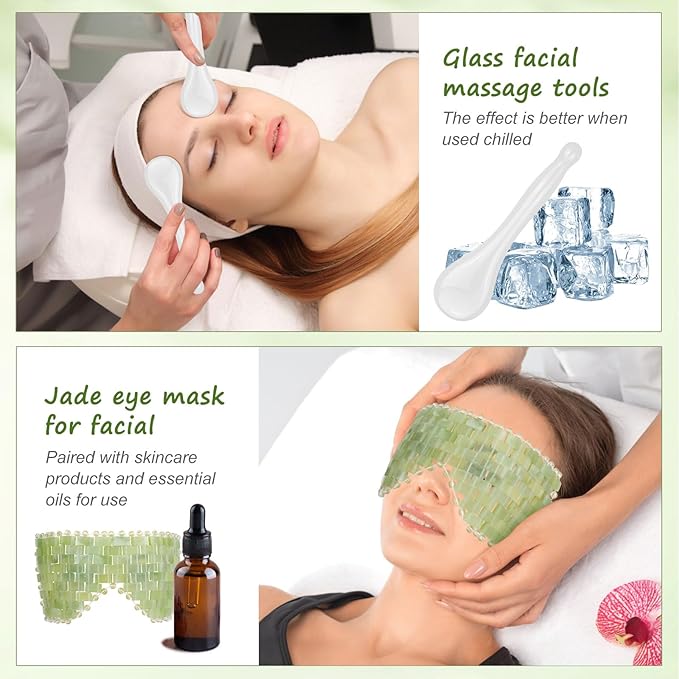 4 Pcs Jade Eye Mask & Skin-Safe Glass Facial Massage Tool, Jade Cooling Mask & Gua Sha Therapy Roller for Skincare Relieve Puffiness, Anti-Aging, Stress Relief