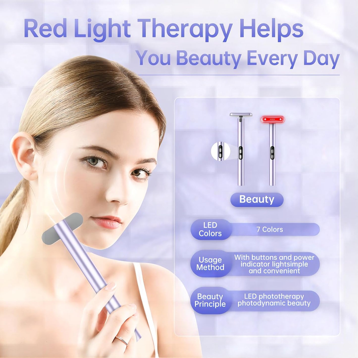 Light-Therapy-Wand, Red Light Therapy for Face and Neck Facial Wand 7 in 1 Led Beauty Wand Red & Blue Rejuvenation Face & Eye Massager Skincare Tool
