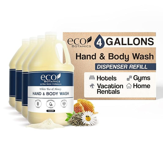 1-Shoppe Terra Pure Eco Botanics Natural Hand & Body Wash with Raw Honey & White Tea | Gallon Jug Bulk Toiletries for Airbnb, Vacation Rentals, and Home Bathroom| Refill For Soap Dispensers | Set Of 4