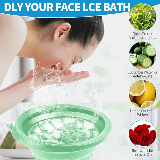 2PCS Large Bowl for Face Ice Bath Foldable Bowl with Built-in Ice Tray Collapsible Silicone Sink for Dipping Face Bath Portable Spa Tool for Home & Travel Reducing Puffiness (Green)