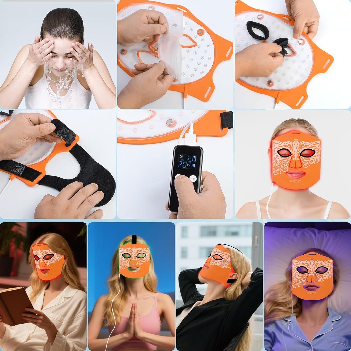 Red Light Therapy for Face with Ice Compress, 850nm Infrared Red Light Therapy, 8 Light Modes Led Face Mask Light Therapy, 4 in 1 lamp beads, 3000mAh, Facial light therapy devices for Home, Orange
