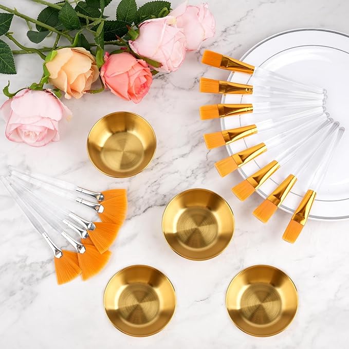 24Pcs Esthetician Supplies for Facials Set, Including 8 Gold Stainless Steel Facial Mixing Bowls, 8 Fan Mask Brushes & 8 Flat Brushes, Face Mask Cosmetic Applicators Kit for Spa Home Use
