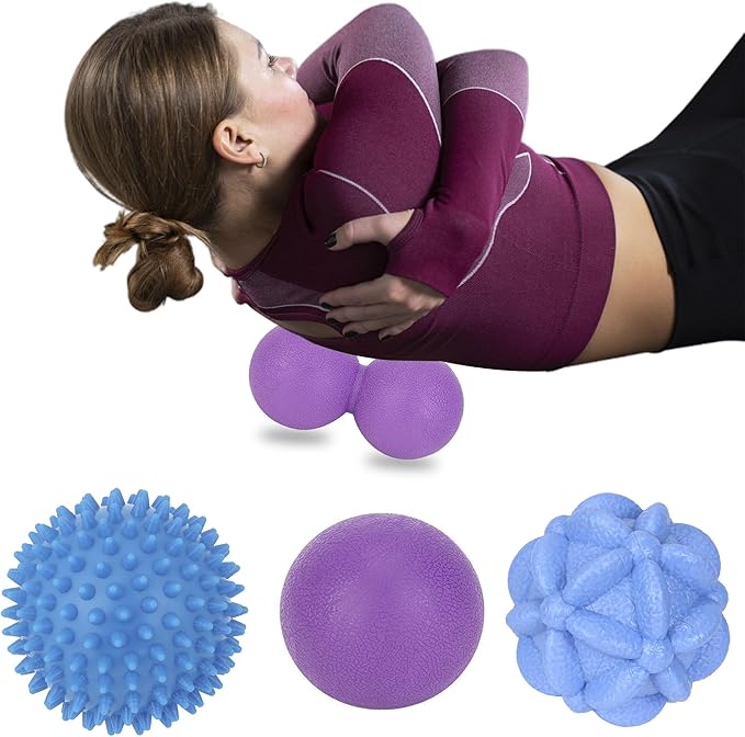 Massage Ball Set for Trigger Point Release - Peanut, Spiky & Lacrosse Balls - Deep Tissue Massage Therapy - Set of 4 (Purple)