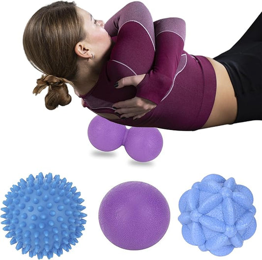Massage Ball Set for Trigger Point Release - Peanut, Spiky & Lacrosse Balls - Deep Tissue Massage Therapy - Set of 4 (Purple)