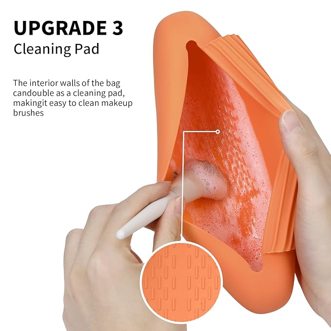Silicone Makeup Brush Holder Travel Cosmetic Bag：Soft Portable Cosmetic Face Brushes Holder with Upgrade Anti-Fall Out Magnetic Closure, Large Travel Makeup Brush Case - Orange