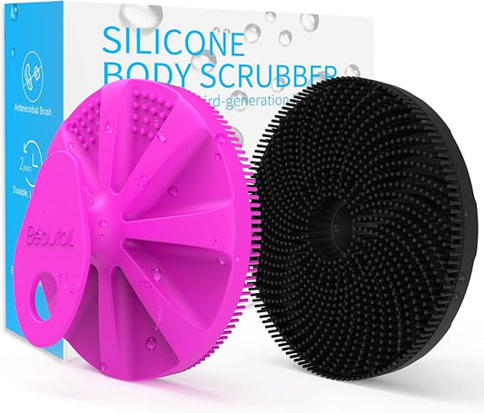 Silicone Body Scrubber 2 Pack, Gentle Bristles Shower Bath Brush, Lather Nicely, Soft Massage Body, More Hygienic Than Loofah, Gentle Exfoliating for Sensitive Skin, Purple+Black