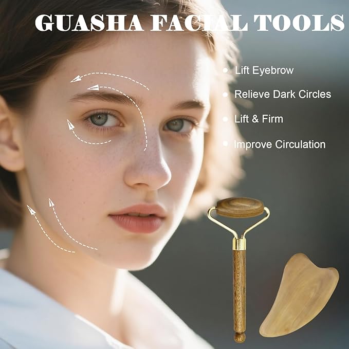 Wooden Gua Sha Facial Massage Tool and Roller Set, Facial Massager for Face, Neck, Eyes, Reduces Puffiness, Improves Wrinkles, Suitable for Women Care, Great Mother's Day Gift for Mom, Grandma