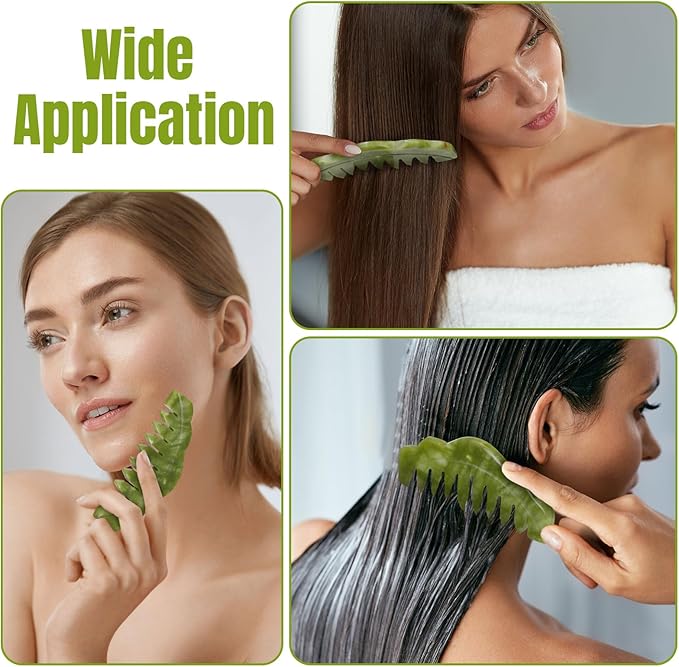 Geiserailie 2 Pieces Jade Combs Massage Stone Hair Gua Sha Scraping Scalp Comb Facial Massage Tool Multifunctional Handheld Head Tools Head Caring Therapy Mother's Day Gift(Plain Style)
