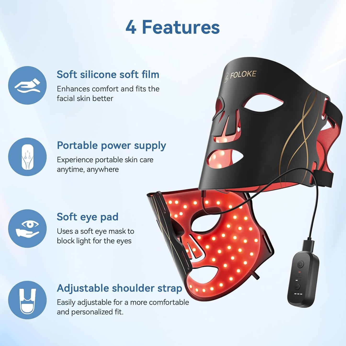 FOLOKE LED Light Therapy Mask Skin Care Mask, LED Red 630±5nm & NIR 830nm Wavelength for Home Use