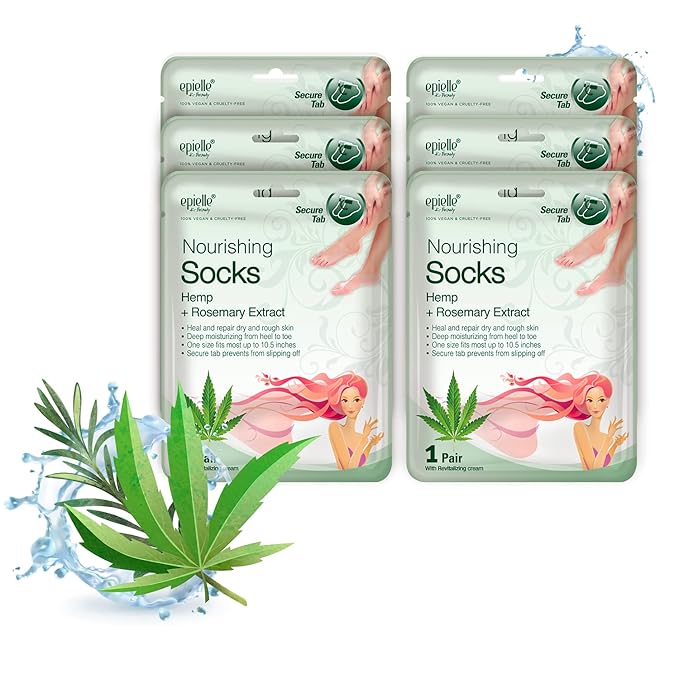 Epielle Nourishing Foot Masks 6 Pairs, Deep Moisturizing Socks for Dry Feet & Cracked Heels, Repair and Nourish with Hemp & Rosemary Extract, Foot Spa & Self Care Gifts for Women, Korean Skin Care
