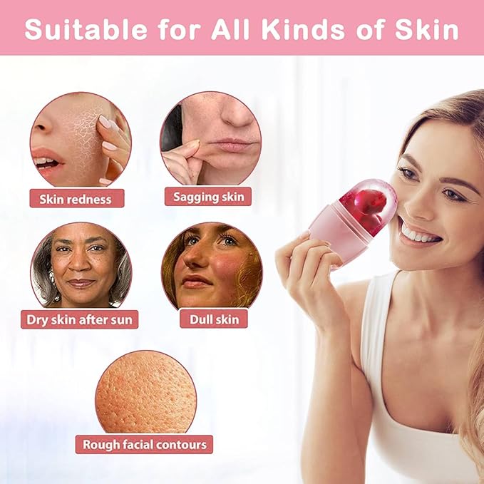 XHJRI Ice Face Roller Massager,Ice Cube Roller for Face, Eyes and Neck Naturally Conditioning and Skin Care,De-Puff Eye Bags,Reduce Migraine Pain,Reusable Massage Silicone Ice Mold (New Pink White)