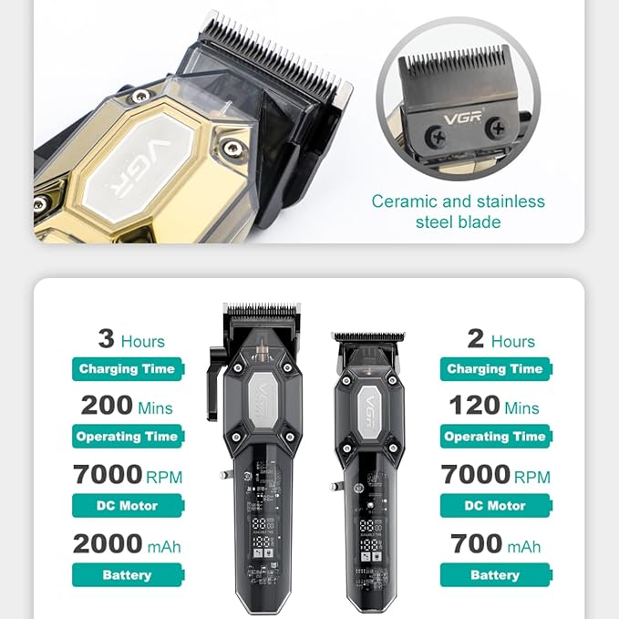 VGR Professional Hair Clippers for Men, Cordless Barber Clippers and Trimmers Set, Mens Hair Cutting Kit with 10 Guide Combs, USB Rechargeable Haircut Machine for Family, LED Display, Black