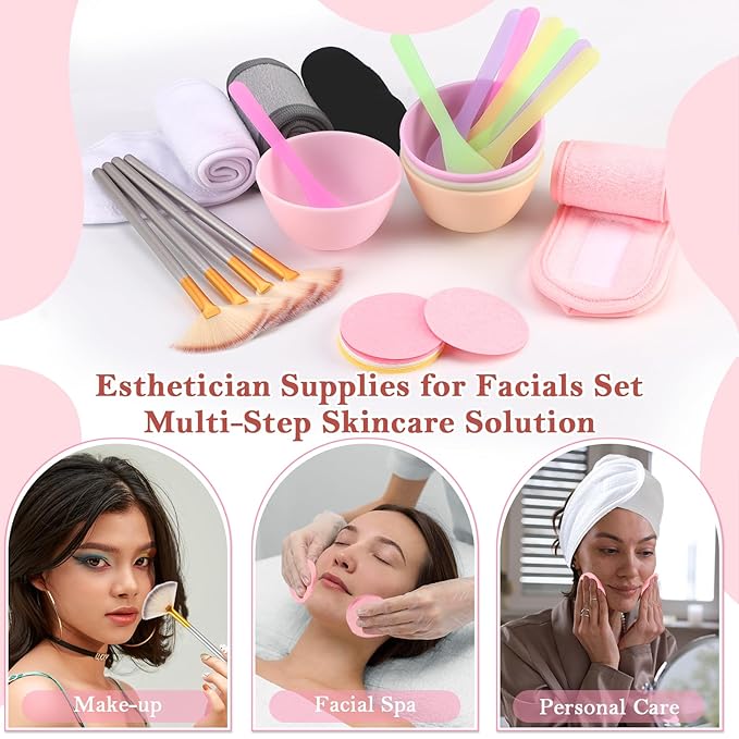 37 PCS Fluffy Fan Brushes for Facials Esthetician Supplies for Facials Set 4 Fluffy Brushes 10 Face Mask Applicator 4 Silicone Facial Bowls 4 Spa Headbands 15 Compressed Facial Sponges