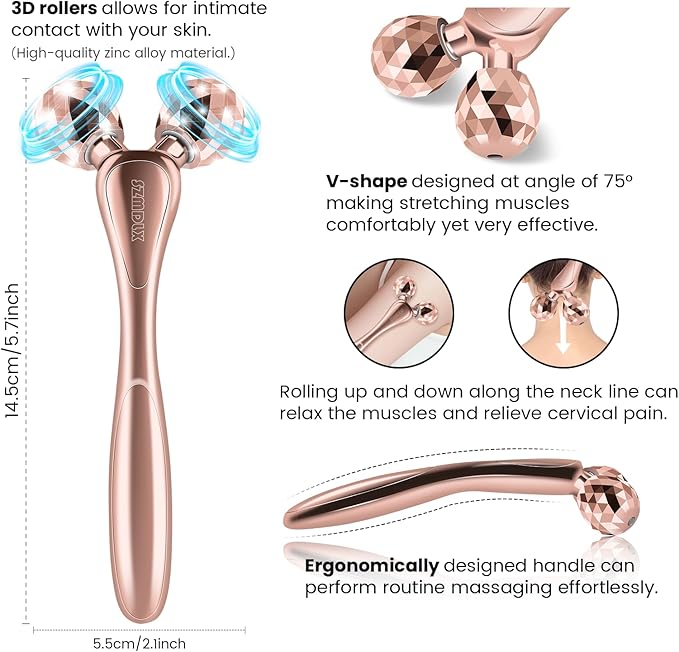 3D Facial Massager Rollers Lifting Massager, Skin Care Face Body Massager Firming Tools for Body Relaxation Massage, Kneading, Body Slimming and V-Shaped Face Lift, Anti-Wrinkle (Glossy Rose Gold)