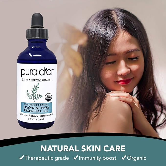 PURA D'OR ORGANIC Frankincense Essential Oil (4oz with Glass Dropper) 100% Pure & Natural Therapeutic Grade For Hair, Body, Skin, Aromatherapy Diffuser, Relaxation, Meditation, Mood, Massage, DIY Home